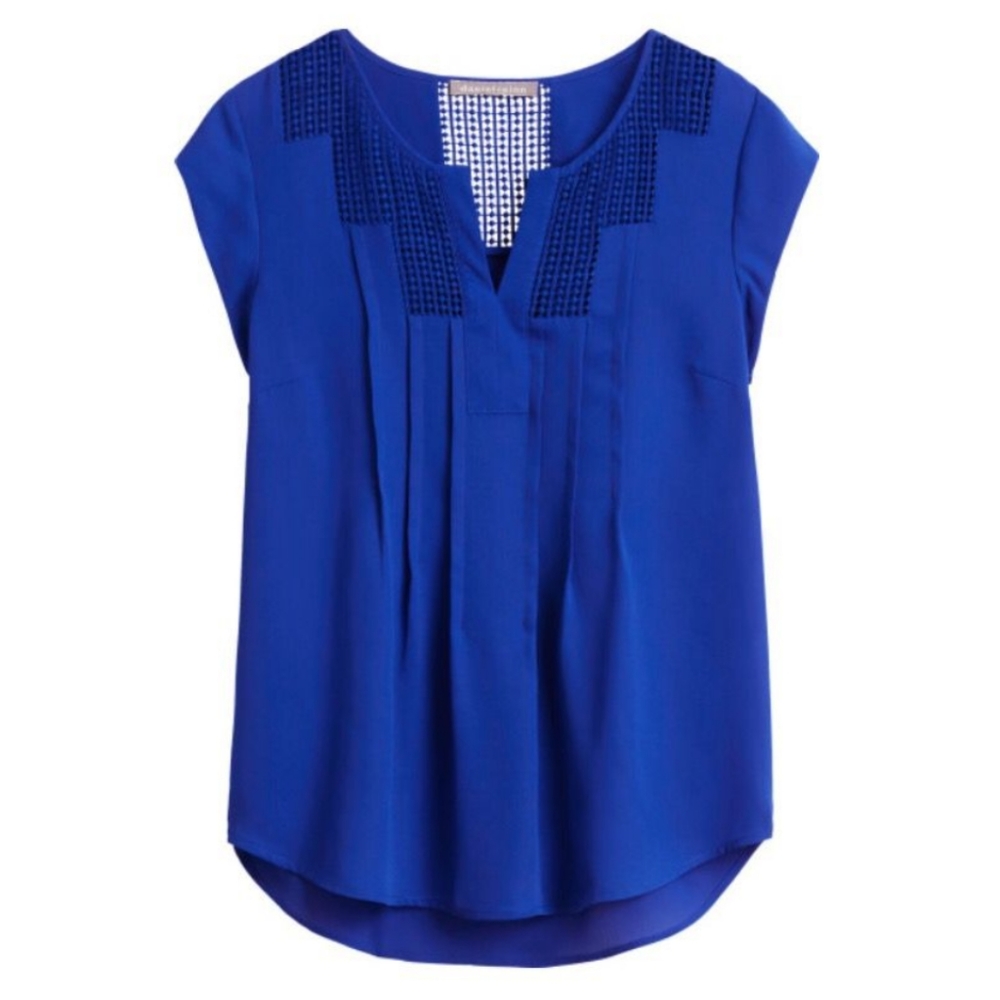 Blue lace crochet detail split neck top